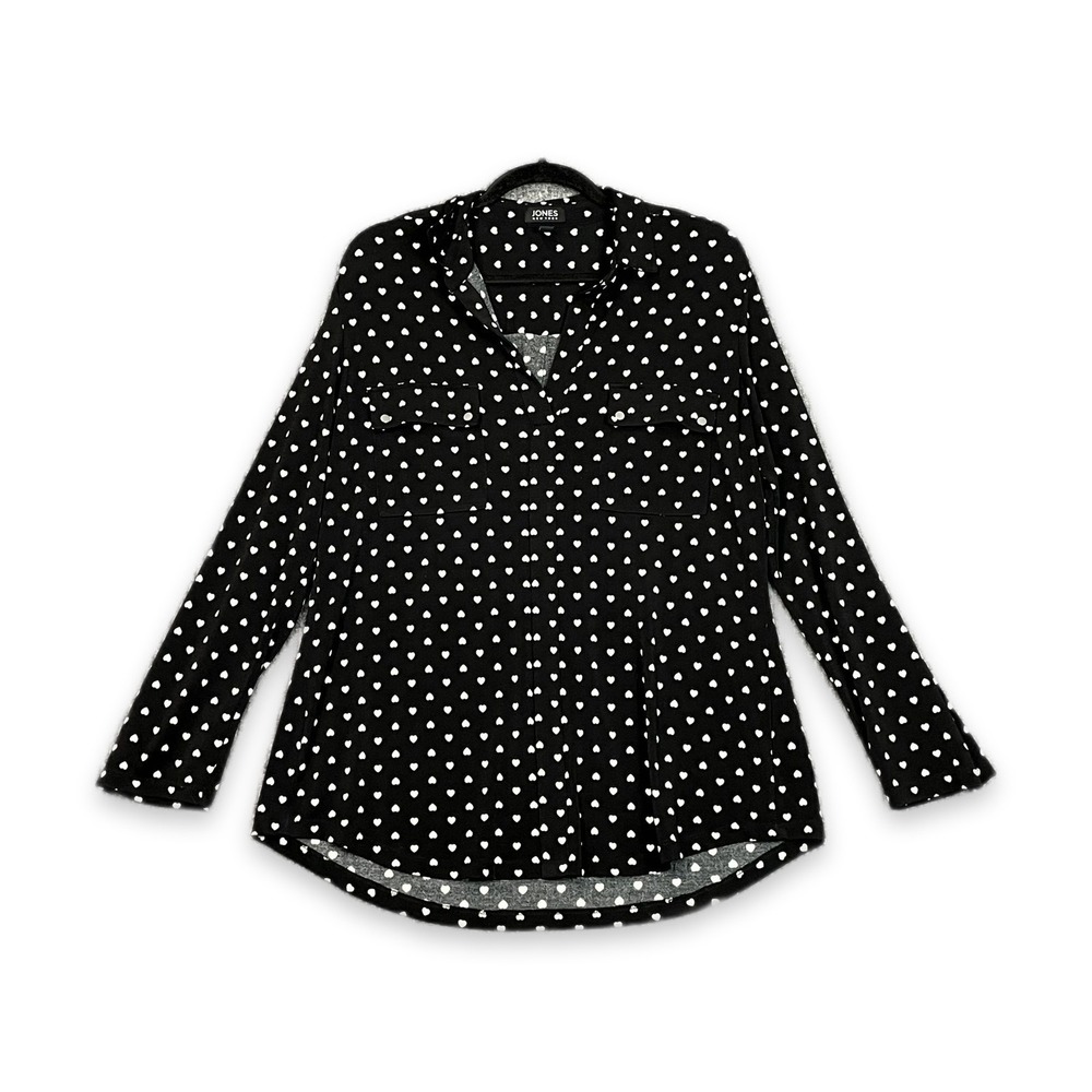 Jones New York Blouse Womens Large Black Heart Print Romantic Corporate Casual
